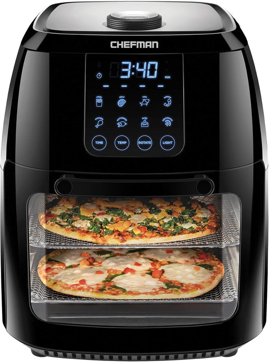 Chefman Compact 6.3-Qt 4-In-1 Digital Air Fryer+, Rotisserie, Dehydrator, Convection Oven, XL Family Size, 8 Touch Screen Presets, BPA-Free, Auto Shutoff, Accessories Included, Black