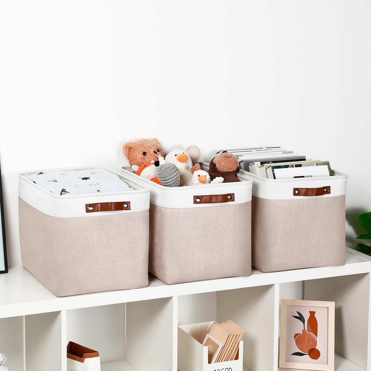 DULLEMELO Fabric Storage Bins, Lining Fabric Baskets For Gifts, Large Storage Baskets for Toys Books Clothes Storage, Foldable Storage Basket for Office Home Shelves Closets Organizing(White&Khaki)