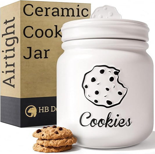 HB Design Co. Cookie Jar with Airtight Lid - 6" D x 8" H Matte White Ceramic Cookie Jar with Rubber Lined Lid - Large Cookie Jars with Lids Airtight - Farmhouse Cookies Jar for Kitchen Counter