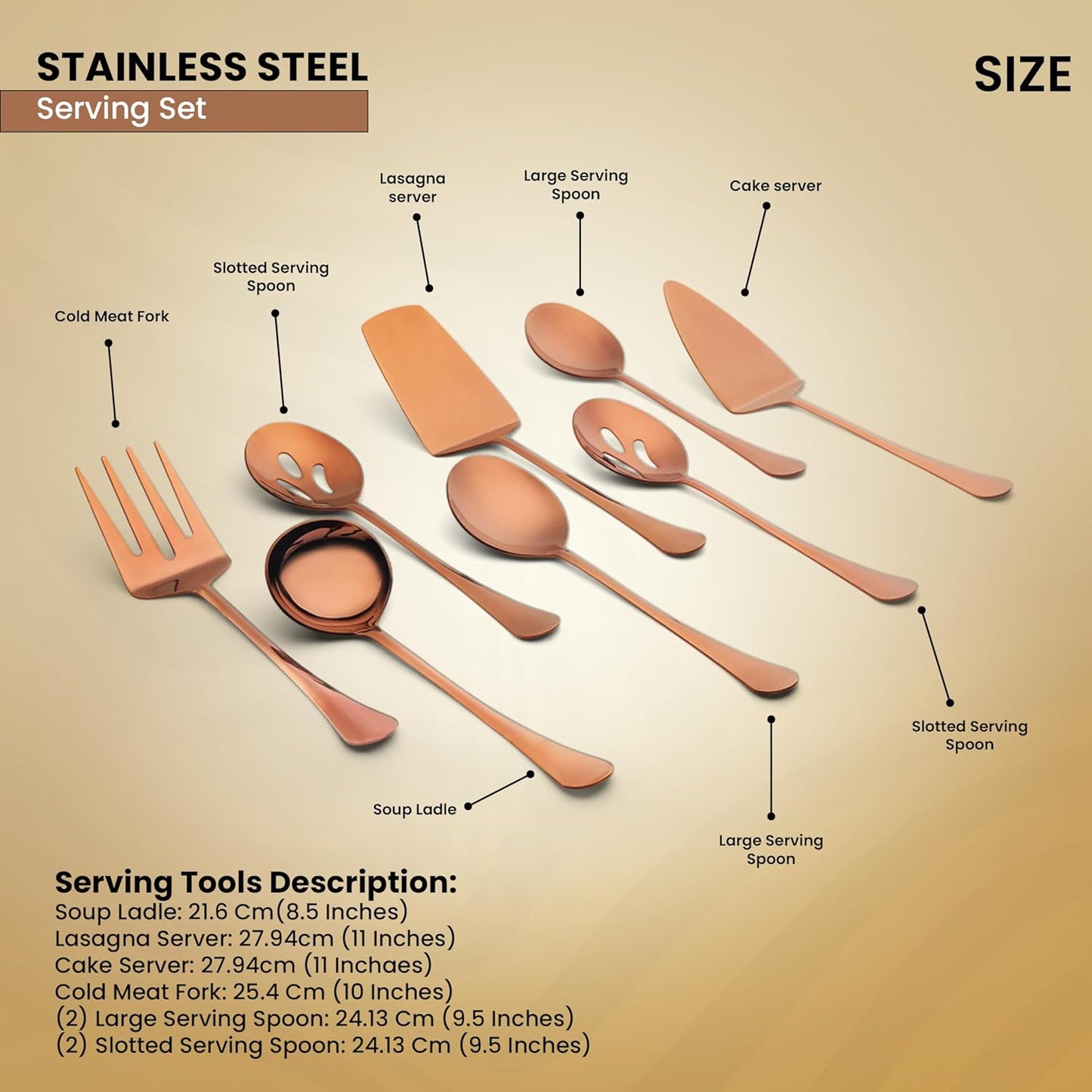 Avador® Premium Set of 8 Stainless Steel Hostess Serving Utensil Tool Set for Weddings | Buffer | Party | Kitchen | Restaurants (Rose Gold Plated)