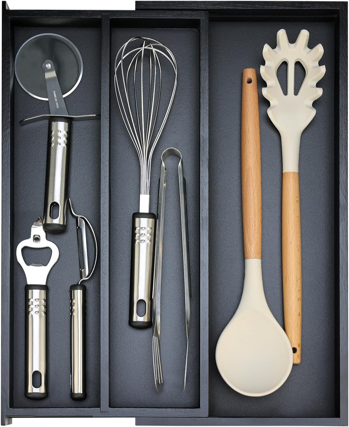 Bamboo Kitchen Tool Drawer Organizer Storage Black Cutlery Tray Expandable Silverware Drawer Divider Organizers Large Cooking Utensil Holder for Drawers Spoon Flatware Organizer Silverware Trays
