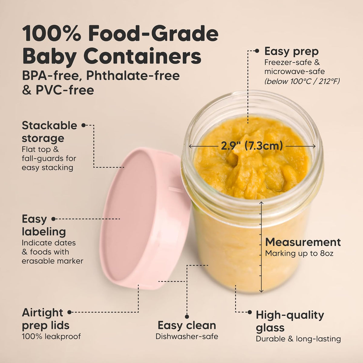 KeaBabies 4pk 8oz Glass Baby Food Containers with Lids - Leak-Proof, Microwavable Small Glass Jars, Baby Purees & Toddler Snack Storage Containers, BPA-Free, Dishwasher & Freezer Safe (Roseate)