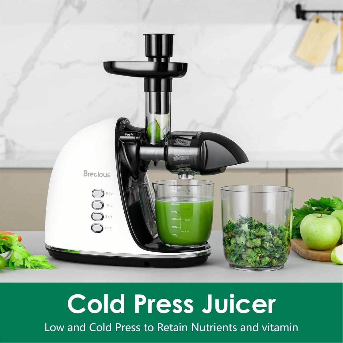 Slow Masticating Juicer,Brecious Cold Press Juicers with 2 Speed Modes & Quiet Motor,Juicers Machines Vegetable and Fruit with Reverse Function,Celery Juicer,BPA-Free,Easy to Clean (White)