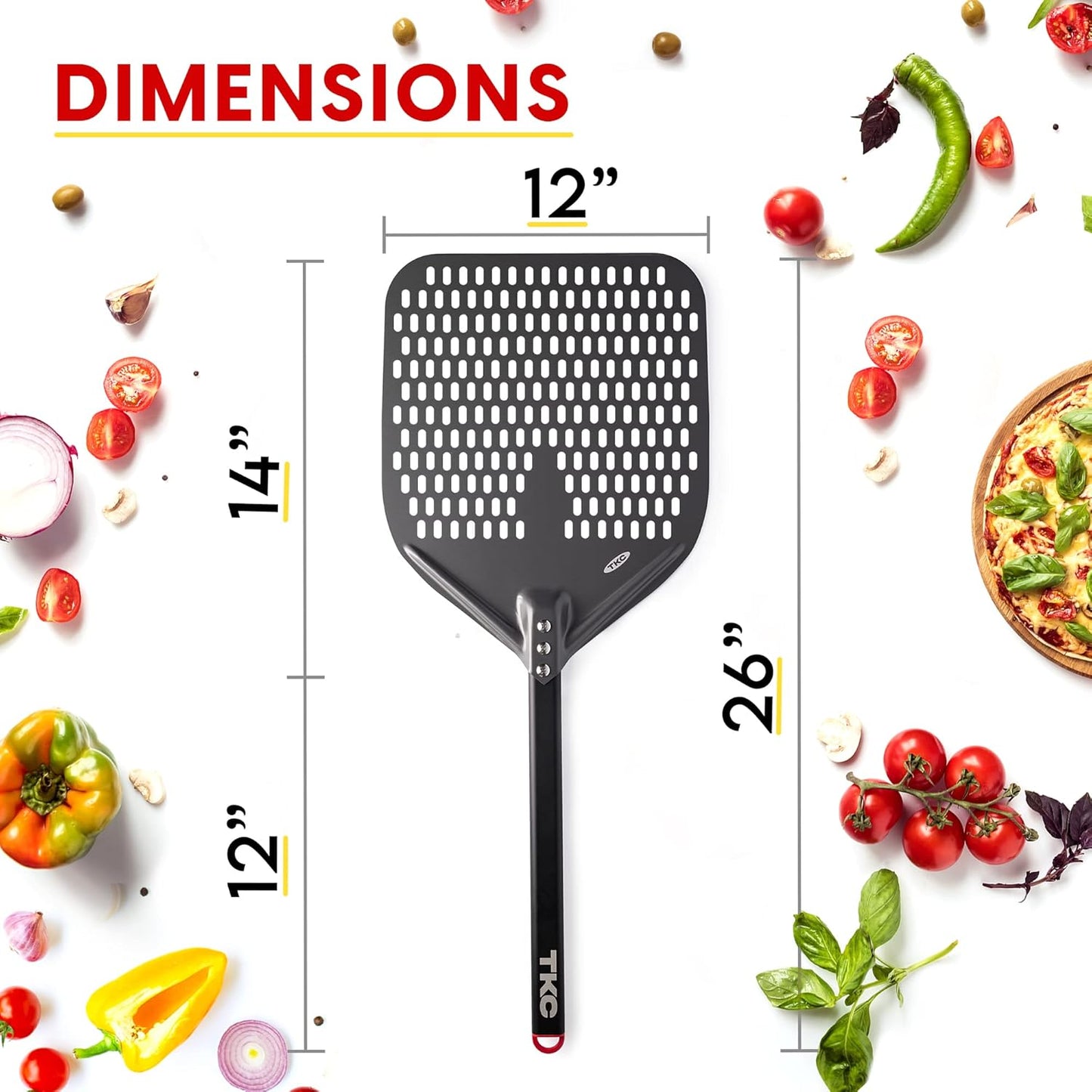 TKC Perforated Pizza Peel - 12" Metal Pizza Turner compatible with All Ovens, Indoor & Outdoor Use, Durable and Heat-Resistant Handle, Lightweight Pizza Spatula (Black)
