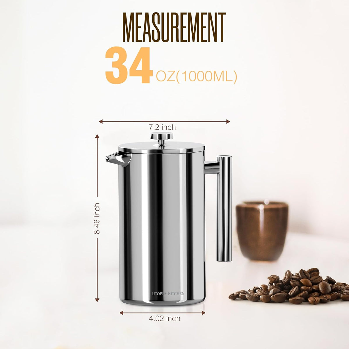 Utopia Kitchen Stainless Steel French Press Coffee Maker 34 Oz (1 Litre) with 2 Extra Filters, French Press Coffee & Tea Maker for Kitchen & Camping, Cold Brew Cafetiere, Silver