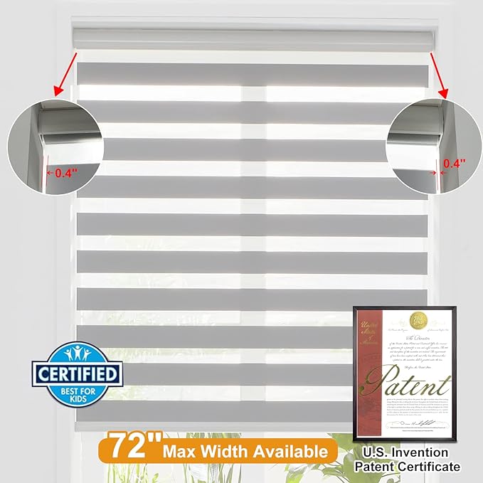 Persilux Cordless Zebra Blinds for Windows (45" W X 64" H, Grey) Free-Stop Dual Layer Roller Windows Shades for Day and Night, Light Filtering Sheer Shades for Home, Easy to Install