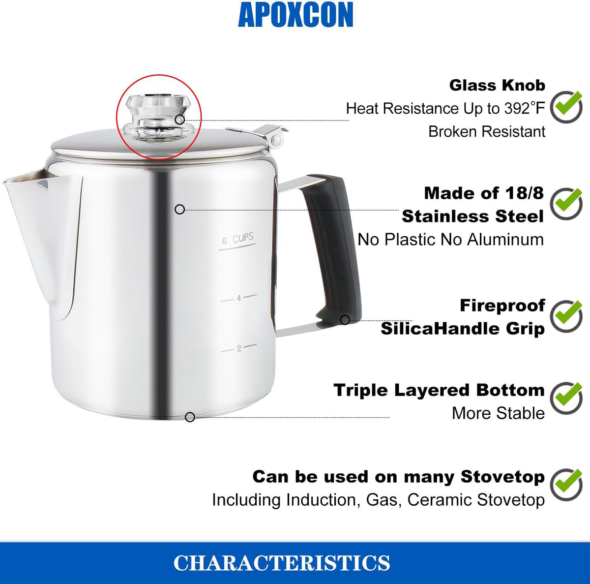 Multi Use 6 Cup Coffee Pot Bundle Coffee Percolator with 2 Mugs Stainless Steel Coffee Maker with Two Heat Resistant Tough Borosilicate Glass Knob Fireproof Silica Handle Using on any Stovetop