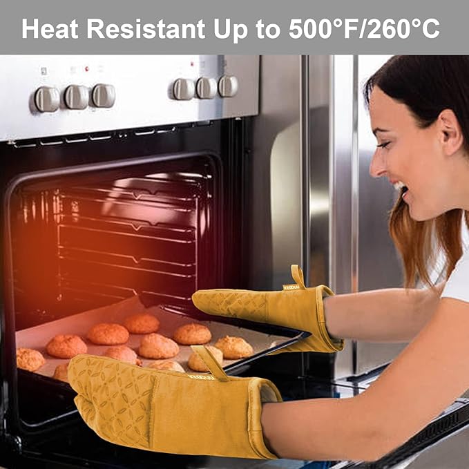 KEGOUU Oven Mitts and Pot Holders 6pcs Set, Kitchen Oven Glove High Heat Resistant 500 Degree Extra Long Oven Mitts and Potholder with Non-Slip Silicone Surface for Cooking （Orange）