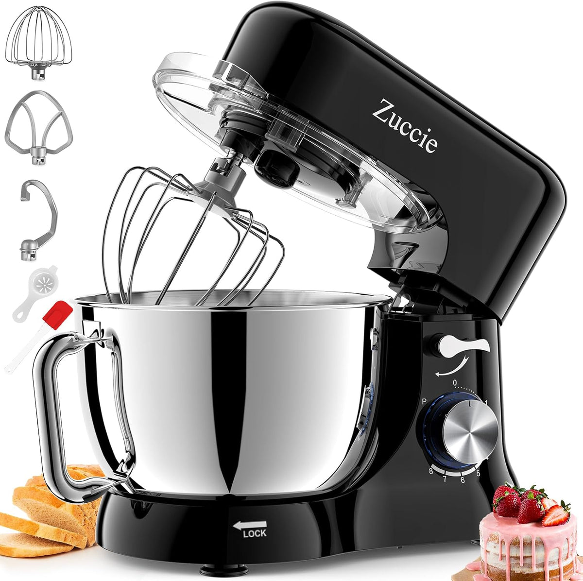 Stand Mixer, Zuccie 4.8QT Kitchen Electric Stand Mixer, 380W Motor Power Food Mixer, 8+P-Speed Dough Mixer with Dough Hook, Wire Whip & Beater, Black
