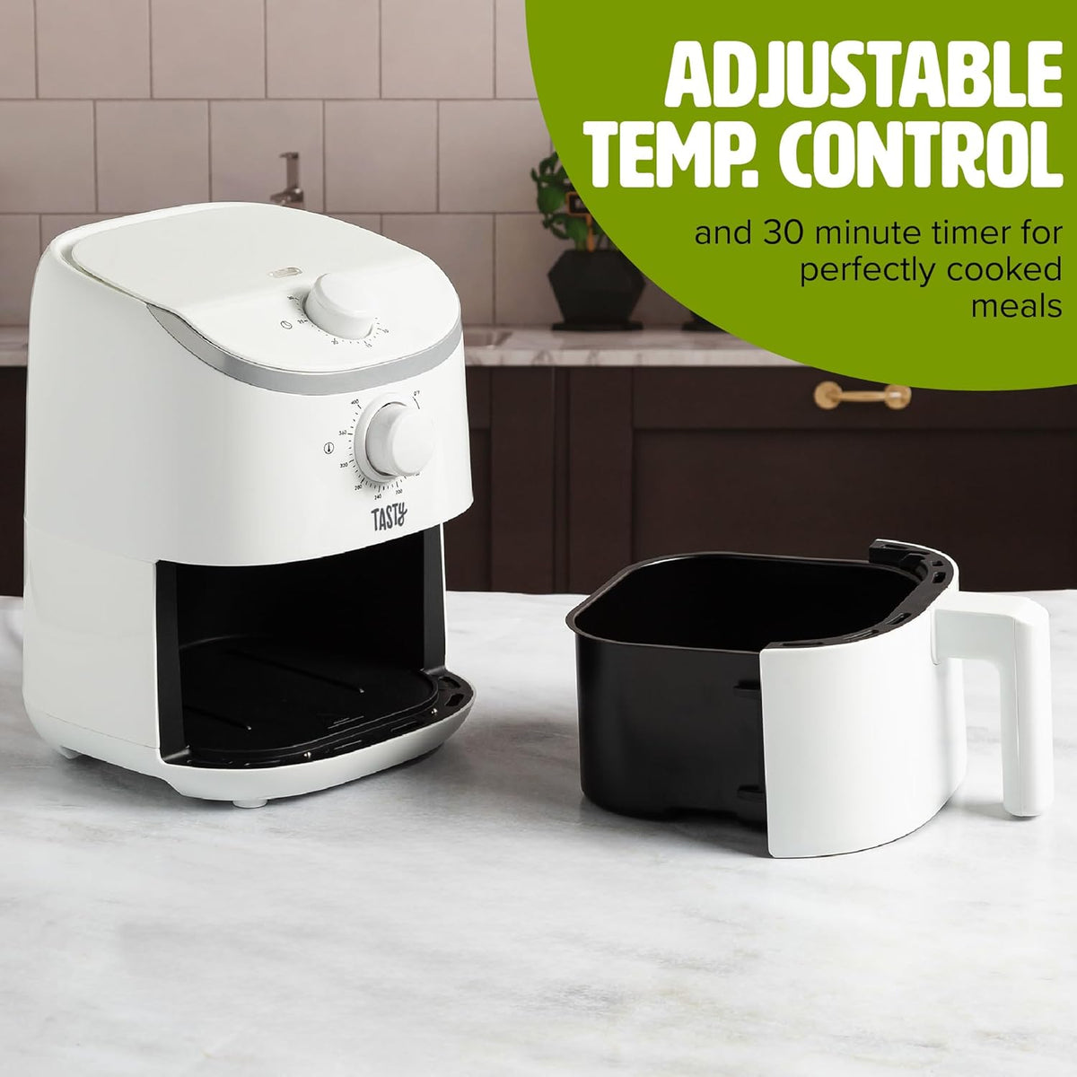 Tasty Personal Air Fryer, Healthier Meals in Minutes, Adjustable Temp Control up to 400°F, Easy-to-Use Design, Nonstick Basket and Tray Made without PFAS, PFOA, PFOS & PTFE, 900 Watts, 2-Quart, White