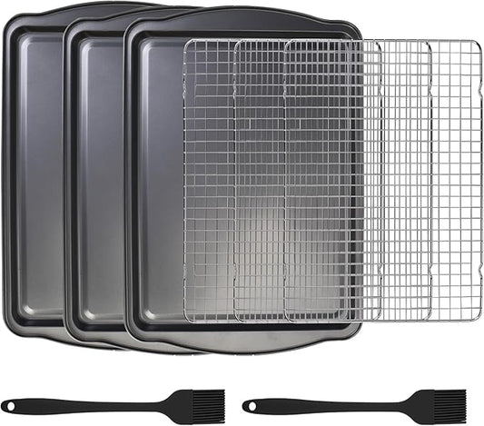 ShineMe Baking Sheet Pan with Cooling Rack 3 Pack, Nonstick Sheet Pan with Wire Rack and Silicone Pastry Brush, Carbon Steel Baking Pans for Cookie, Bacon and Vegetables 17x12x0.5in