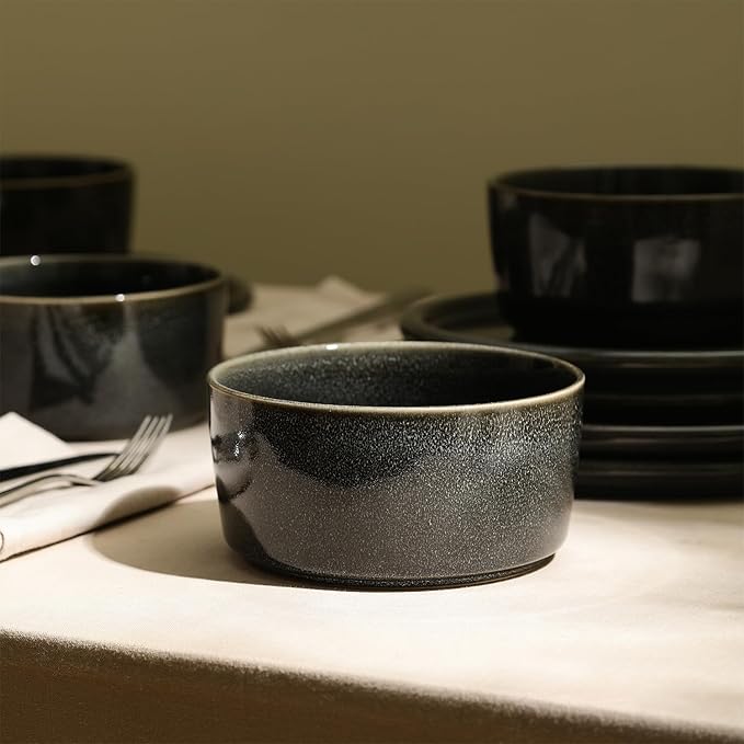 Stone Lain Eden 12-Piece Dinnerware Set Stoneware, Plates and Bowls Set, Dishwasher and Microwave Safe Dish, Dish Set for 4, Charcoal Grey