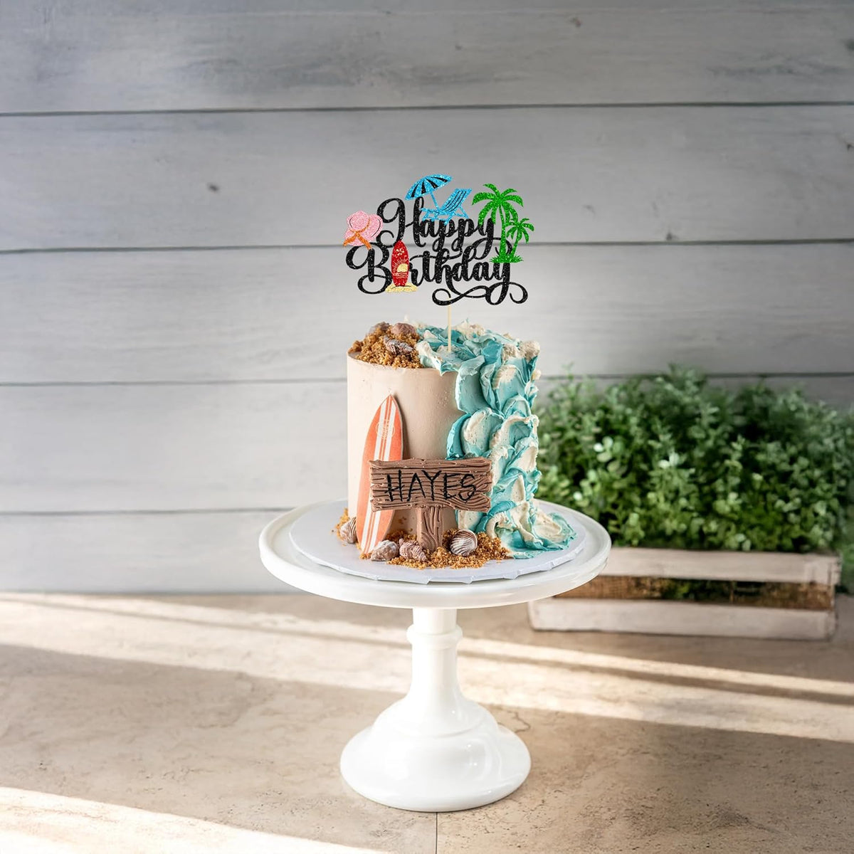 Gyufise 1Pcs Summer Beach Happy Birthday Cake Topper Glitter Ball Tree Umbrella Pool Cake Pick for Hawaiian Holiday Baby Shower Birthday Party Cake Decorations Supplies Black
