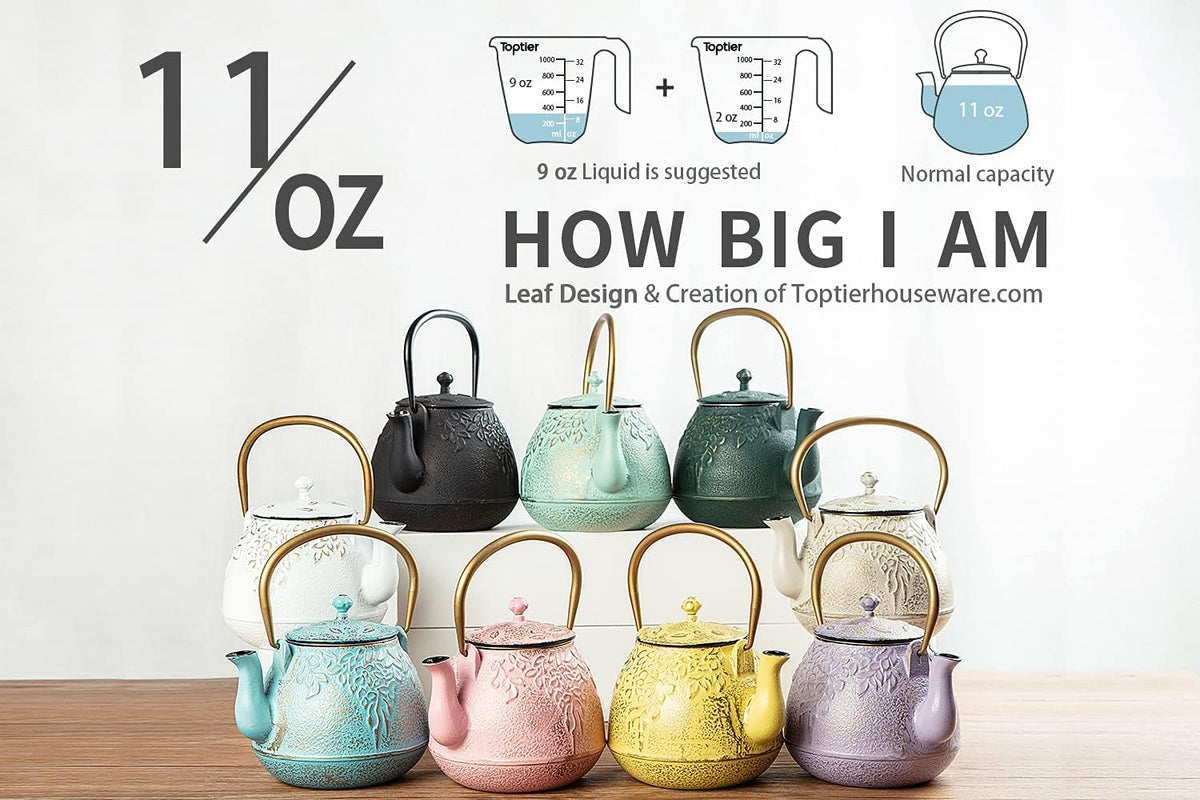 Toptier Mini Little Teapot, Super Small Cast Iron Teapot for Stove Top, Palm-Sized Japanese Stovetop Safe Tea Kettle with Infuser for 11 oz, Black