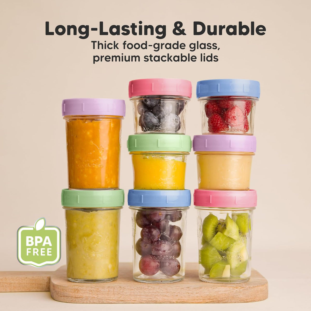 KeaBabies 4pk 8oz Glass Baby Food Containers with Lids - Leak-Proof, Microwavable Small Glass Jars, Baby Purees & Toddler Snack Storage Containers, BPA-Free, Dishwasher & Freezer Safe (Nord)