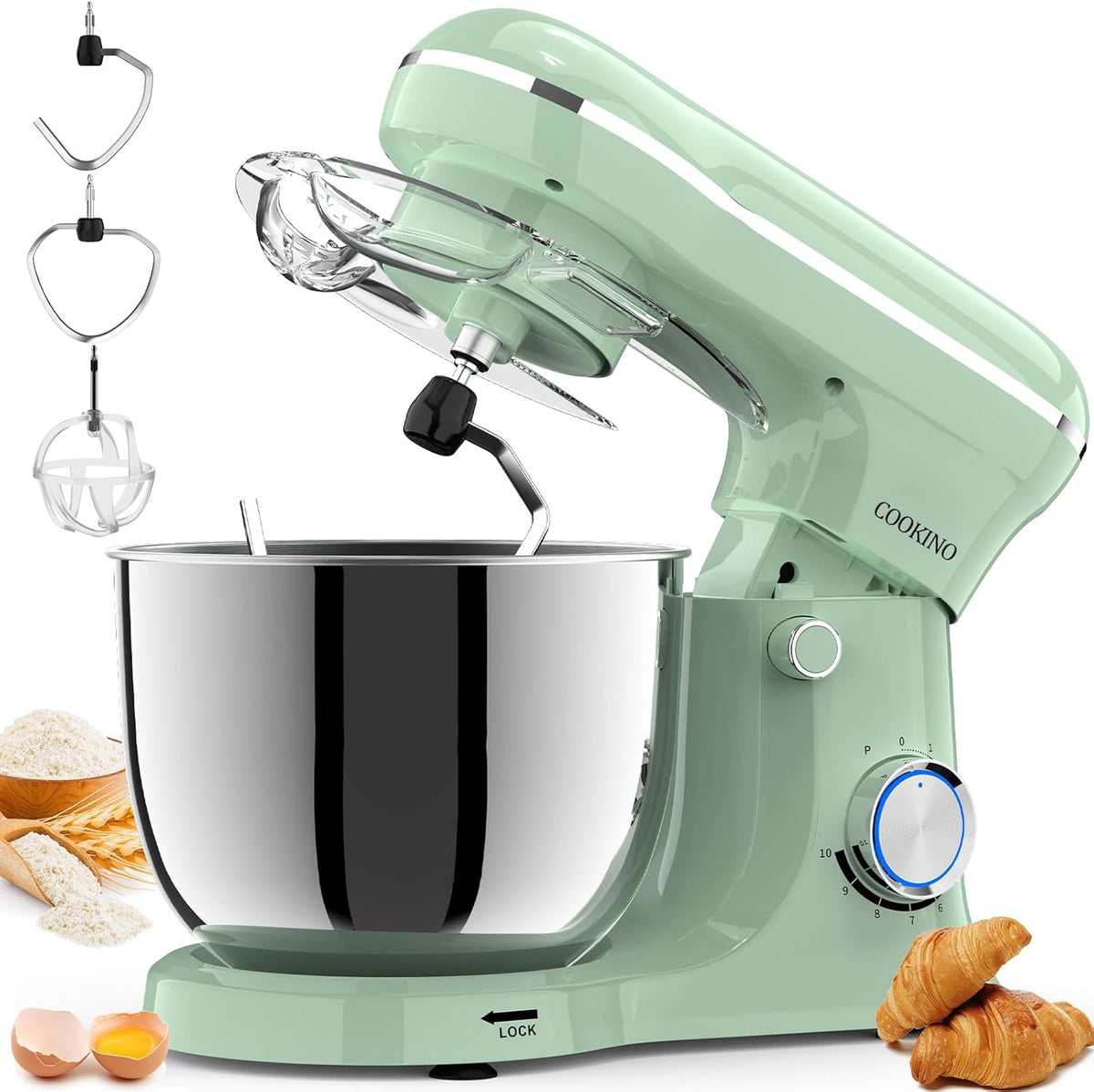 Electric Stand Mixer,10 Speeds 660W Tilt-Head Food Mixer, 3-IN-1 Kitchen Mixer for Daily Cooks with 6.5 QT Bowl,Dough Hook, Beater, Whisk (Agave Green)