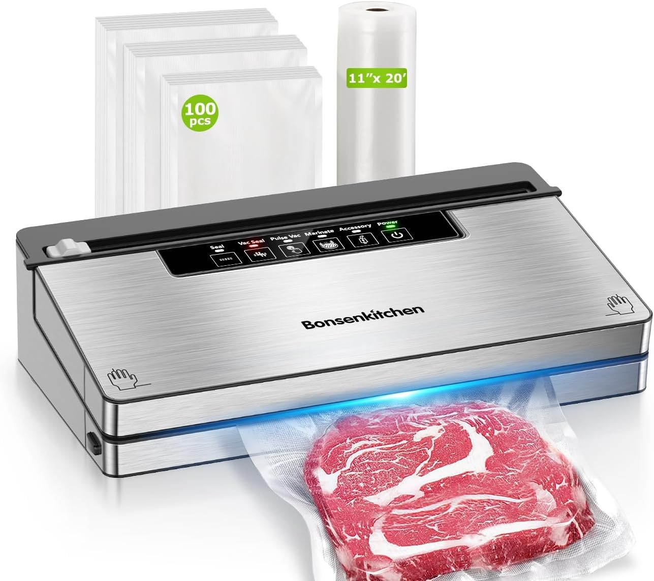 Bonsenkitchen Vacuum Sealer Machine, Stainless Steel Food Sealer Vacuum Sealers with 100 Bags & 1 Roll, 5 Food Vacuum Modes, Built-in Cutter & Bag Storage, Black