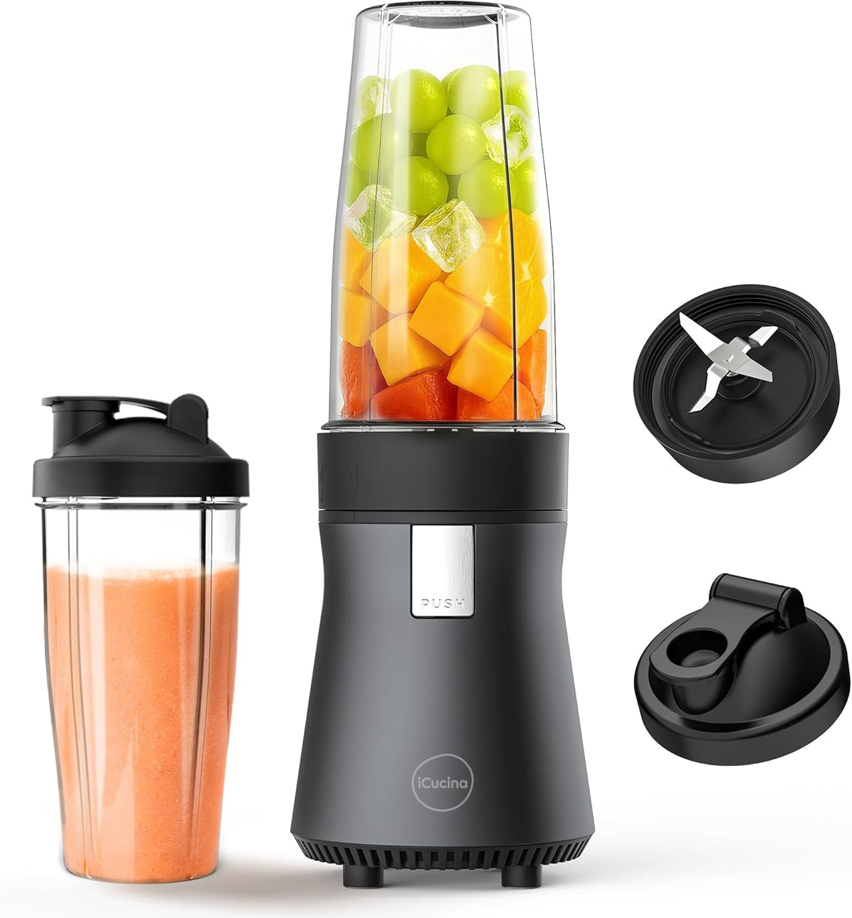 iCucina Smoothie Blender, Personal Blender for Shakes and Smoothies, 500W Pulse Technology Single Serve Blenders with 2 x 28oz Protable Cups for Ice Crush, Frozen Fruit Drinks