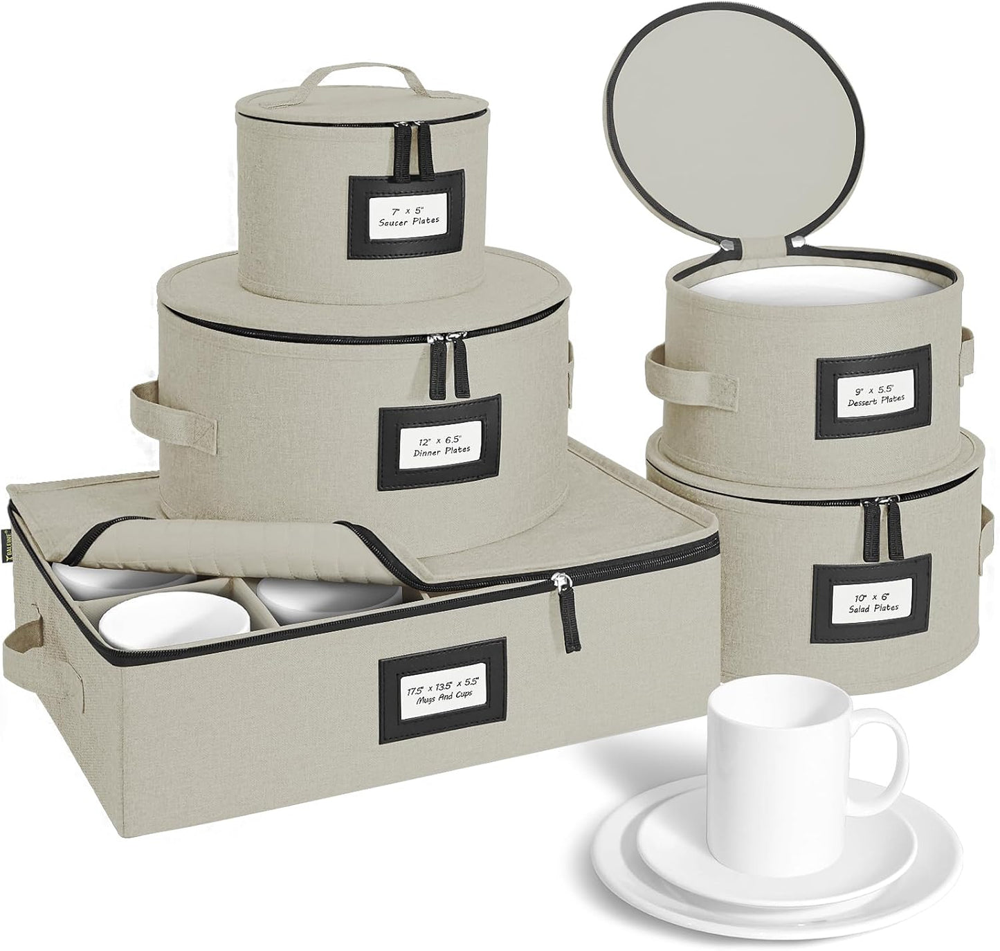 BALEINE China Storage Containers, Sturdy Quilted Wine Glass Storage, Plate Organizer with Carry Handles, Moving Boxes for Dishes, Cups, Mugs and Stemware (Plate Mug Combo, Hard Shell Cream)