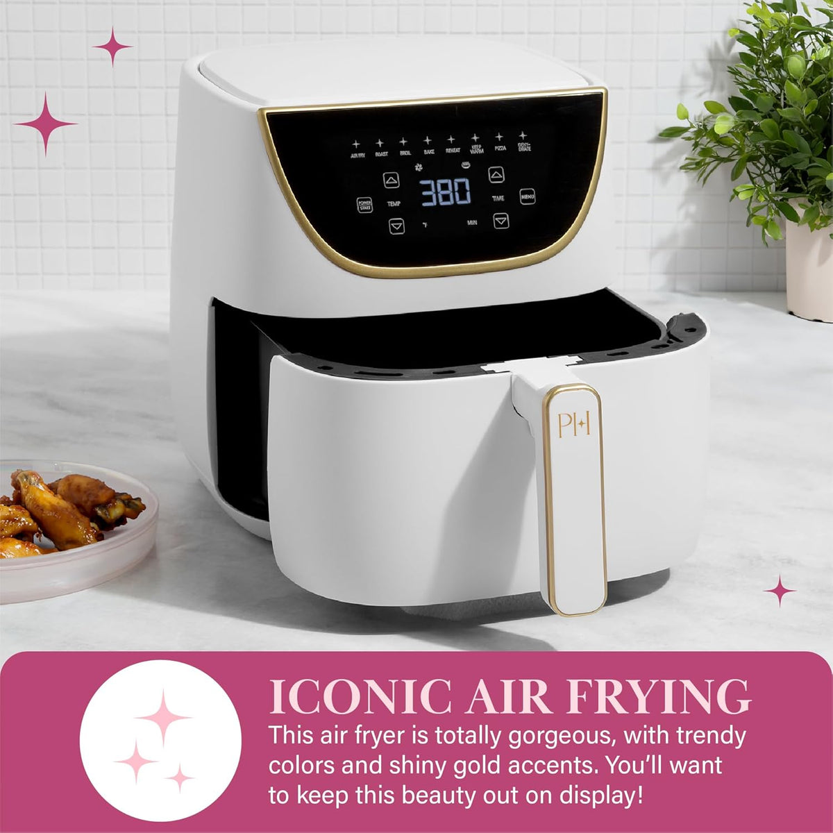Paris Hilton Air Fryer, Large 6-Quart Capacity, Nonstick Made without PFAS, Touchscreen Display, 8-in-1 (Air Fry, Roast, Broil, Bake, Reheat, Keep Warm, Pizza, Dehydrate), Dishwasher Safe, White