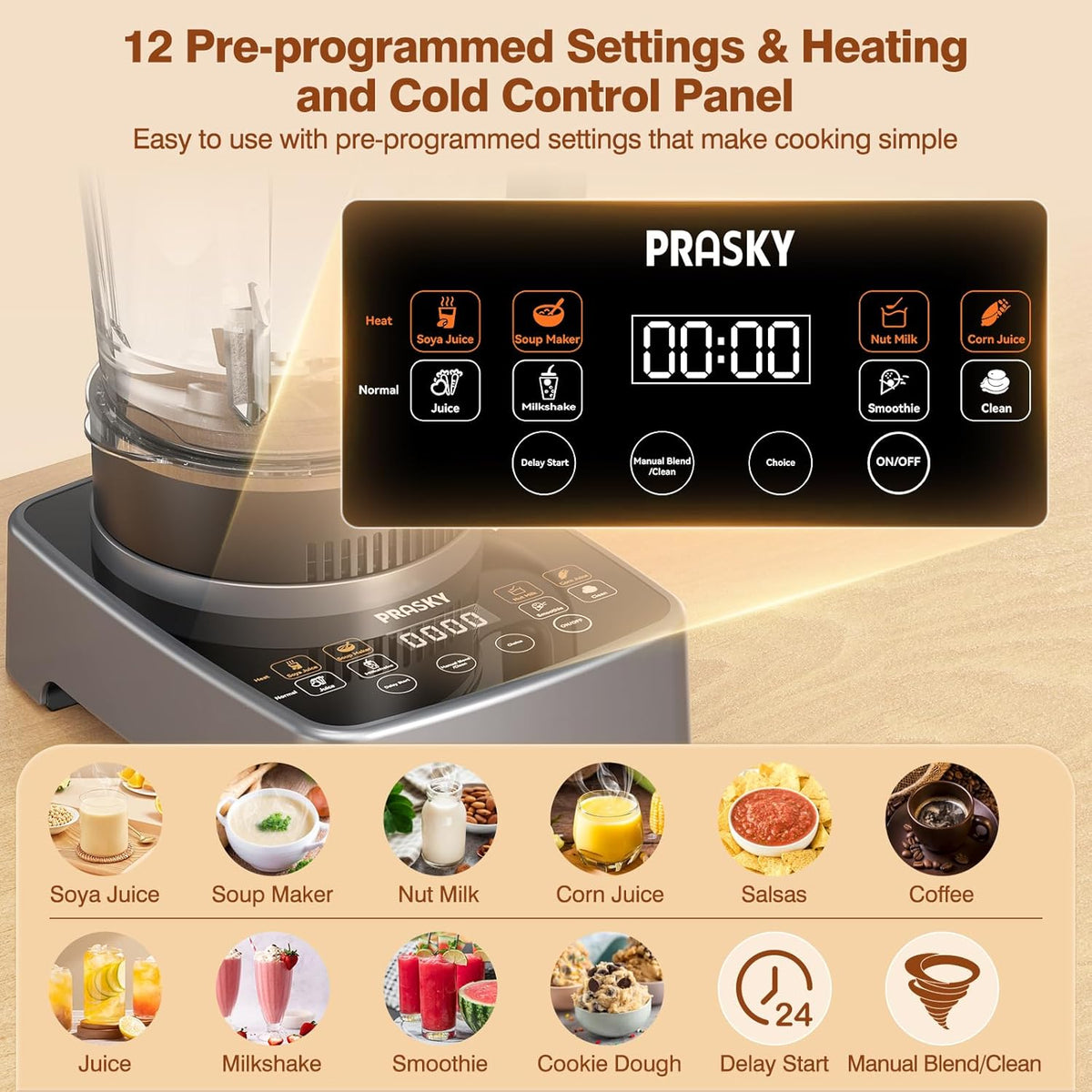 Blenders for Kitchen with Heating, PRASKY 1000W Professional Glass Blender 55oz, 1000 RPM High Speed Shake Juice for Smoothies Blender Keep Warm, Auto Clean for Ice Crushing Soups Sauces (Sliver)