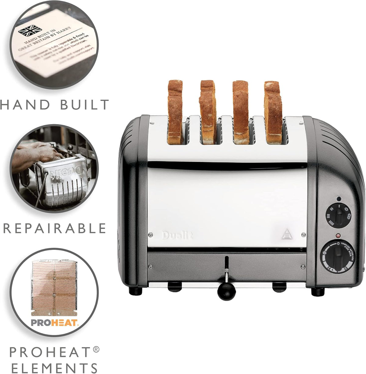 Dualit Classic 4 Slice NewGen Toaster - Stainless Steel - Hand Built in the UK - Replaceable ProHeat elements - Defrost Bread - Mechanical Timer - Charcoal Classic Toaster