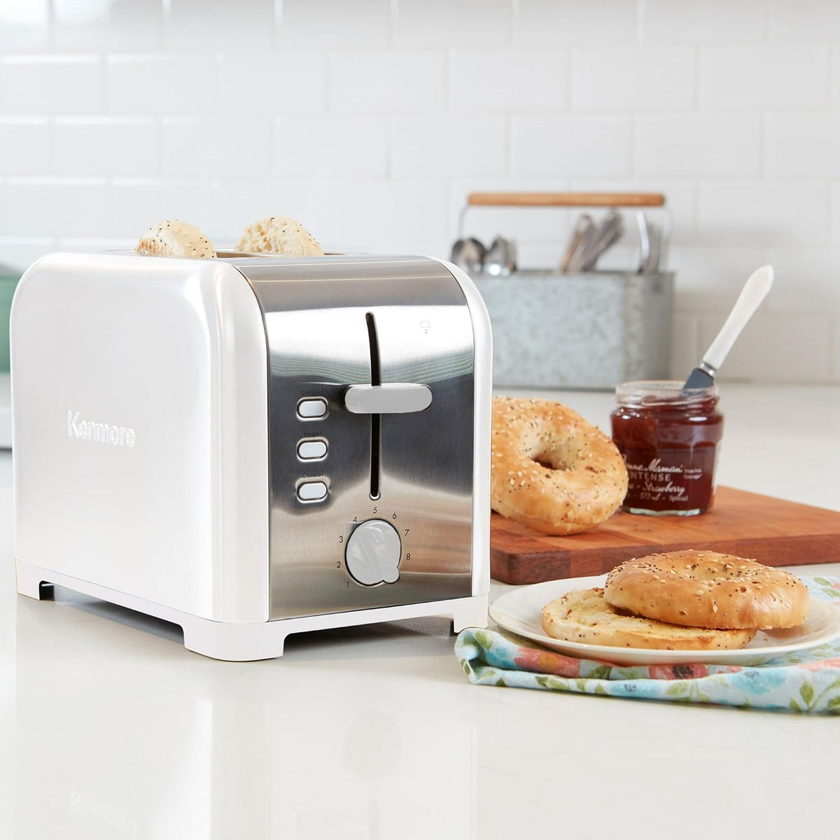 Kenmore toaster 2 slice - extra wide slot countertop kitchen appliance, defrost function, tostador de pan, 9 shade settings, compact design, easy clean crumb tray, bread bagel, stainless steel & White