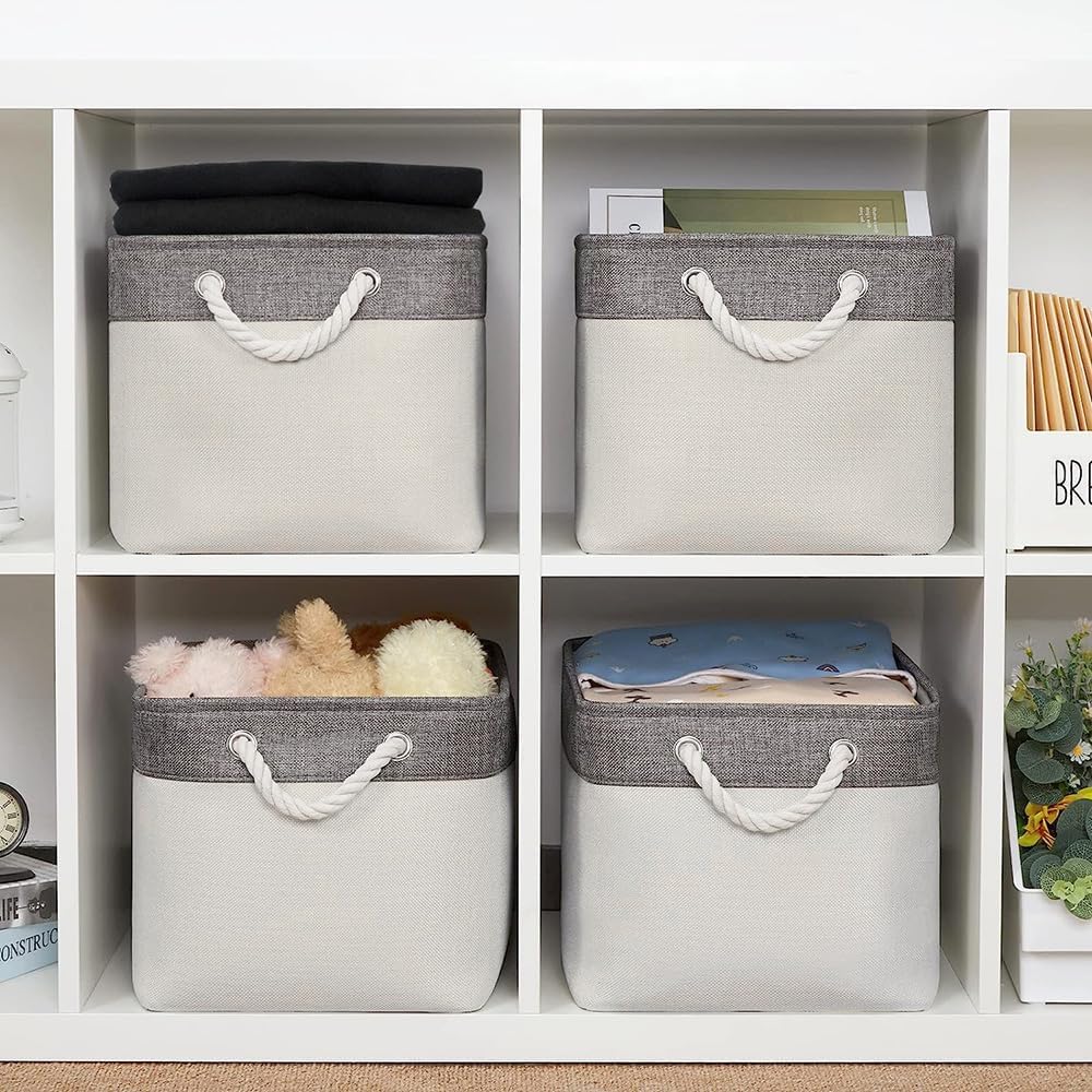 Organization and Storage Basket for Organizing - Large 4 Pack 16x12x8 inch Fabric Storage Cube Collapsible Baskets for Shelves, Storage Bins for Cloth Books (Grey & White)