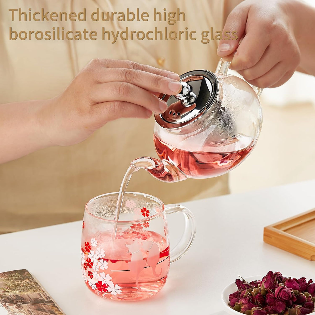 Glass Teapot with Removable Infuser, 27 oz/800ml Glass Tea Pot Small Borosilicate Glass Tea Steeper Kettle with Loose Leaf Tea Strainer For Flower Blooming Tea, ClearTea Maker Pitcher