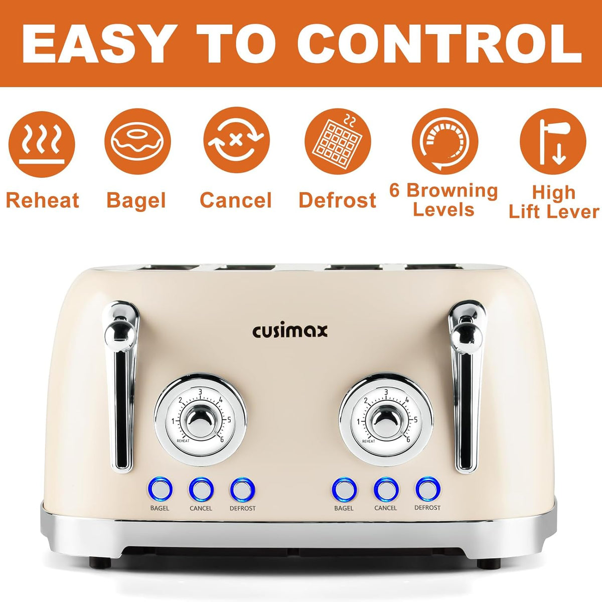 CUSIMAX Retro 4 Slice Toaster With Wide Slots for Bagels, Stainless Steel, 6 Toast Settings, Bagel, Cancel, Defrost & Reheat Functions, Dual Independent Control Panels, Cream