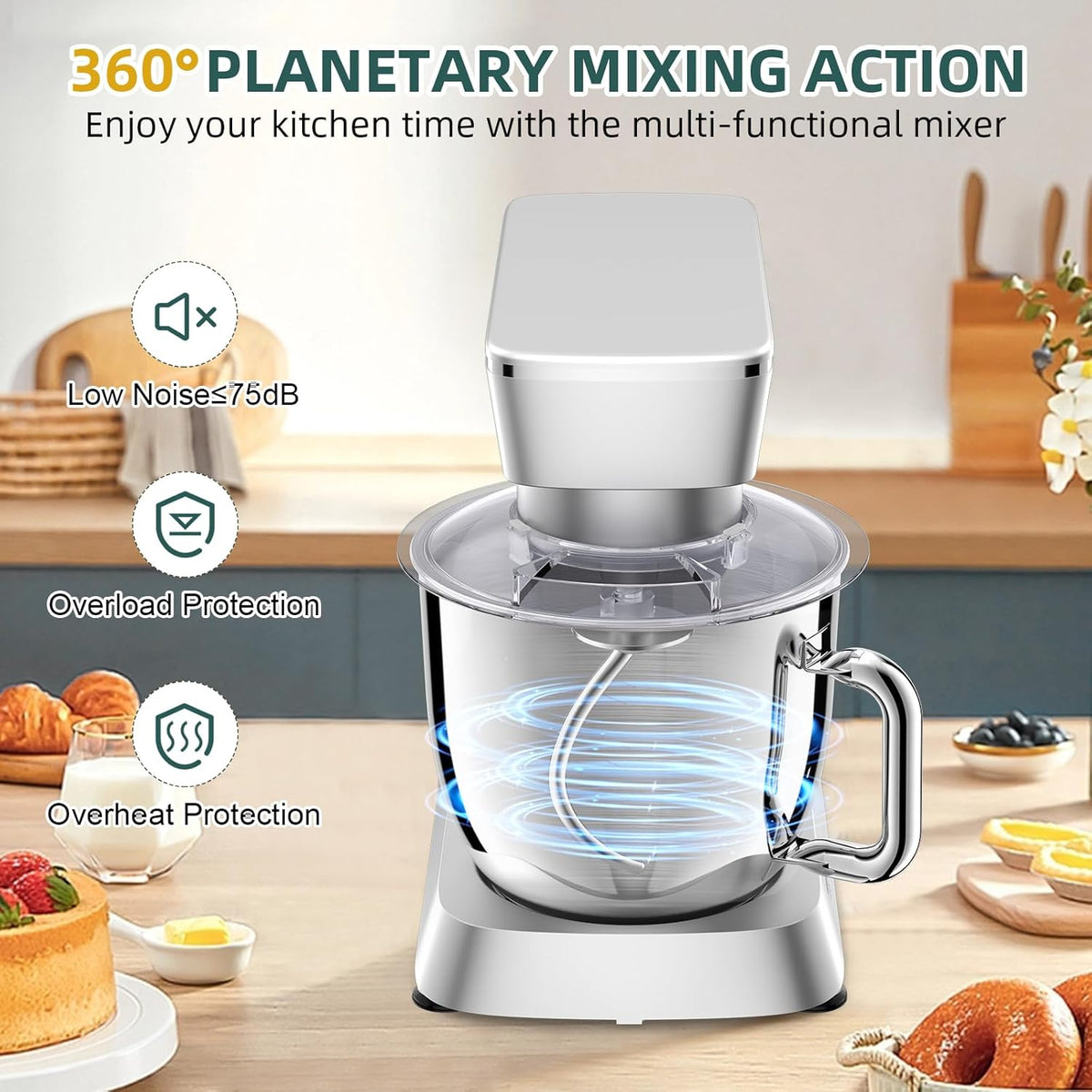 Stand Mixer, 6QT 10+P Speed Tilt-Head Kitchen Electric Mixer, Food Mixer with Stainless Steel Bowl, Dough Hook, Flat Beater, Wire Whisk, Splash Guard for Daily Use - Silver
