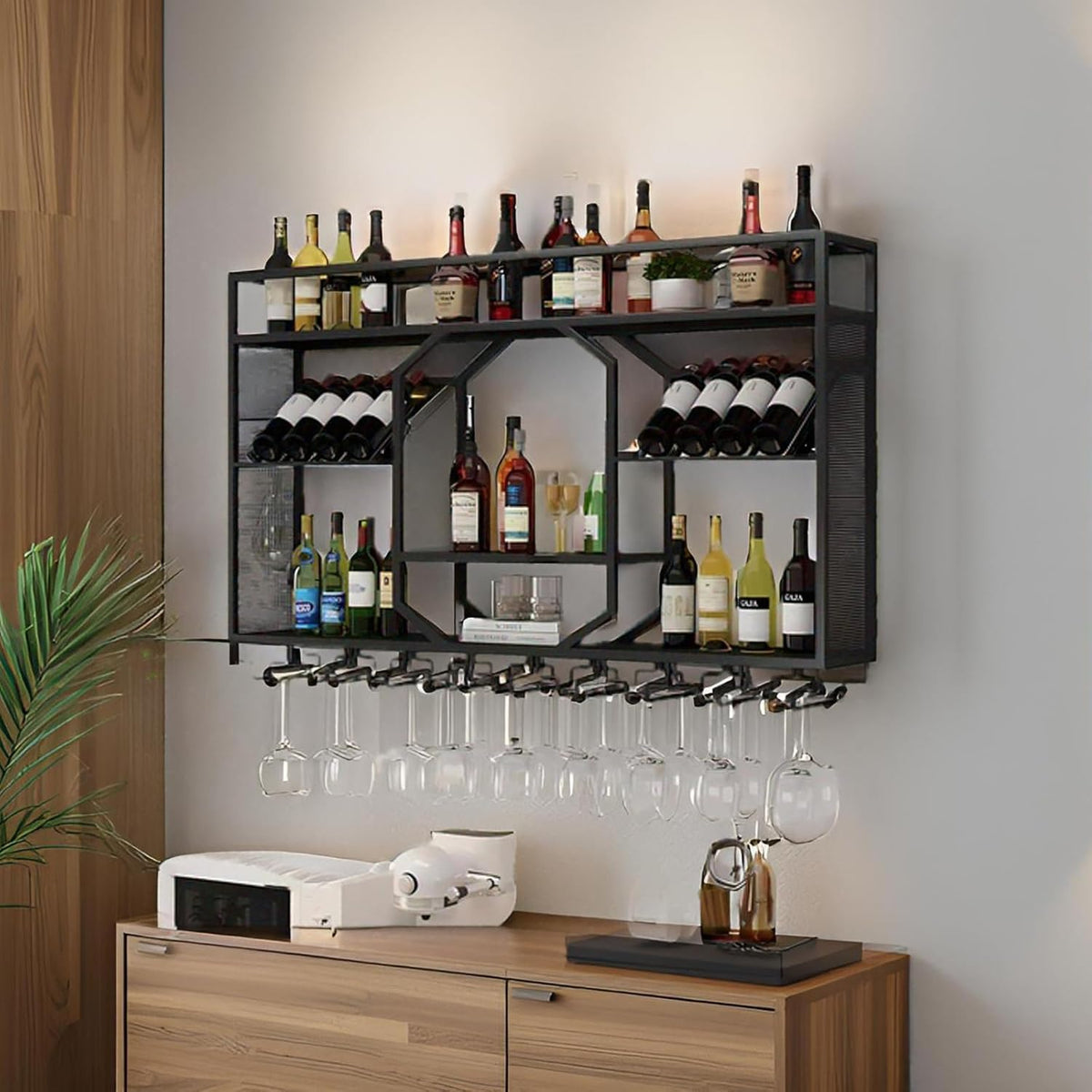 Wall Mounted Wine Rack, 3-Tiers Metal Bar Bottle Holder, Modern Wine Glass Storage Display Shelves, Wall Wine Rack for Kitchen Bar Dining Rooms Decoration ﻿ (Black, 55.11in/140cm)