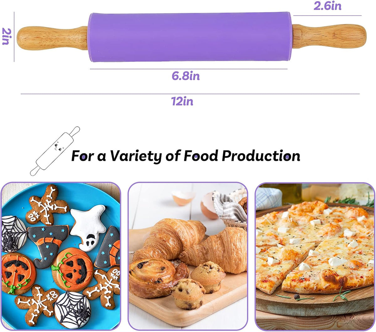 Koogel Rolling Pin for baking, 12 Inch Non-Stick Silicone Handle Rolling Pin for Kids Kitchen Activity