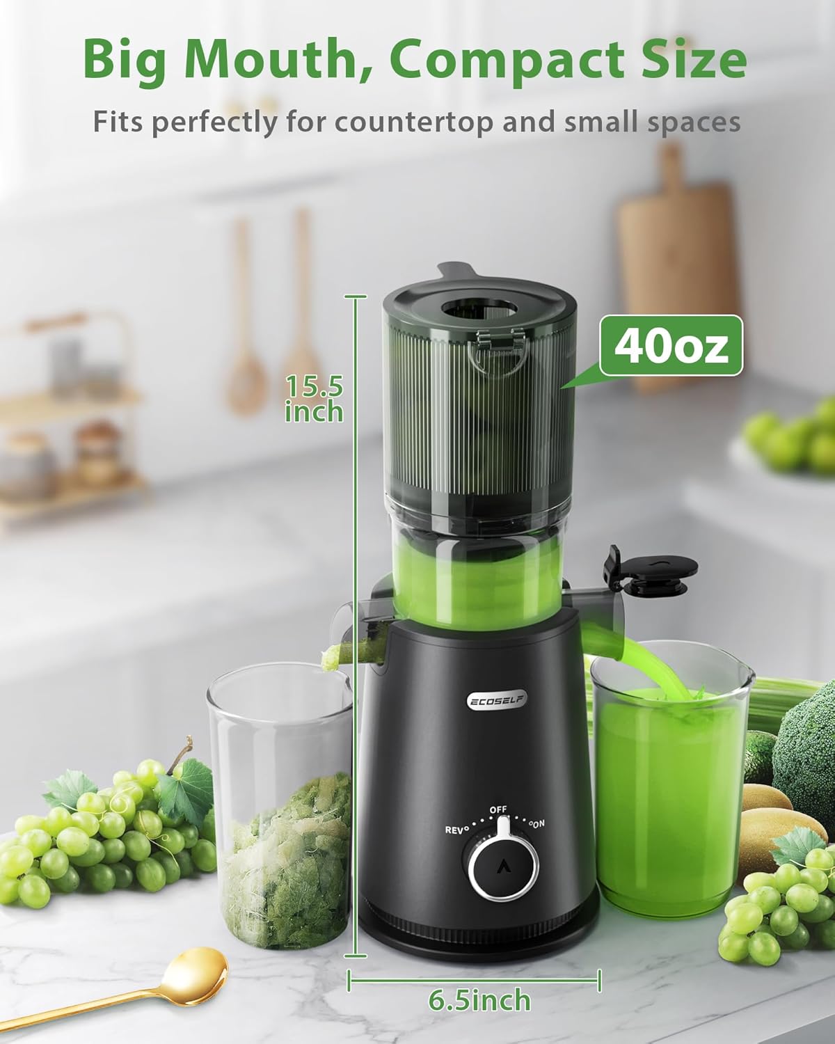 Juicer Machines, ECOSELF Large Feed Chute for Family Needs, Professional Hands Free Cold Press Juicer For Whole Fruits & Vegetables, Self Feeding for Juice Extractor Machine, Easy to Clean