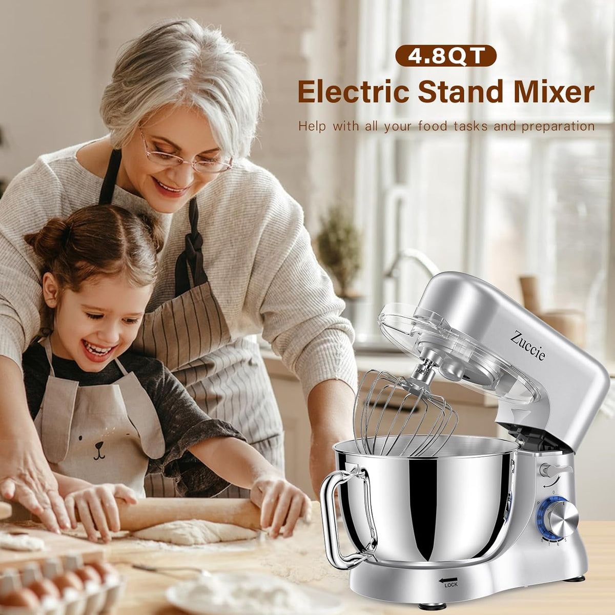 Stand Mixer, Zuccie 4.8QT Kitchen Electric Stand Mixer, 380W Motor Power Food Mixer, 8+P-Speed Dough Mixer with Dough Hook, Wire Whip & Beater, Silver