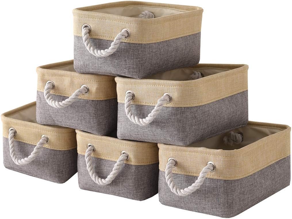 Fabric Storage Baskets for Organizing(6 Pack) Small Baskets for Shelves,storage, Laundry, Nursery, Closets, Decorative Baskets for Gifts Empty (Grey & gold, 11.8” x 7.8” x 5.1”)