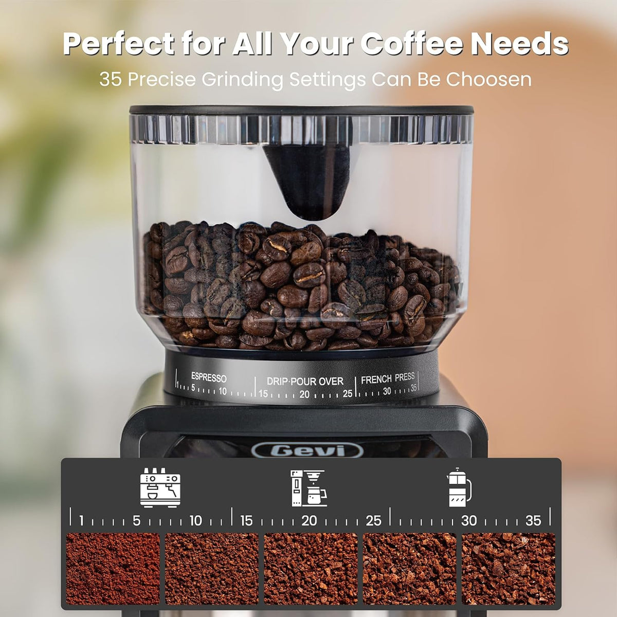 Gevi Coffee Grinder Electric,Coffee Bean Grinder with 35 Grind Settings for Espresso,Drip,French Press,Burr Coffee Grinder for Home Use,Anti-static Design,Black