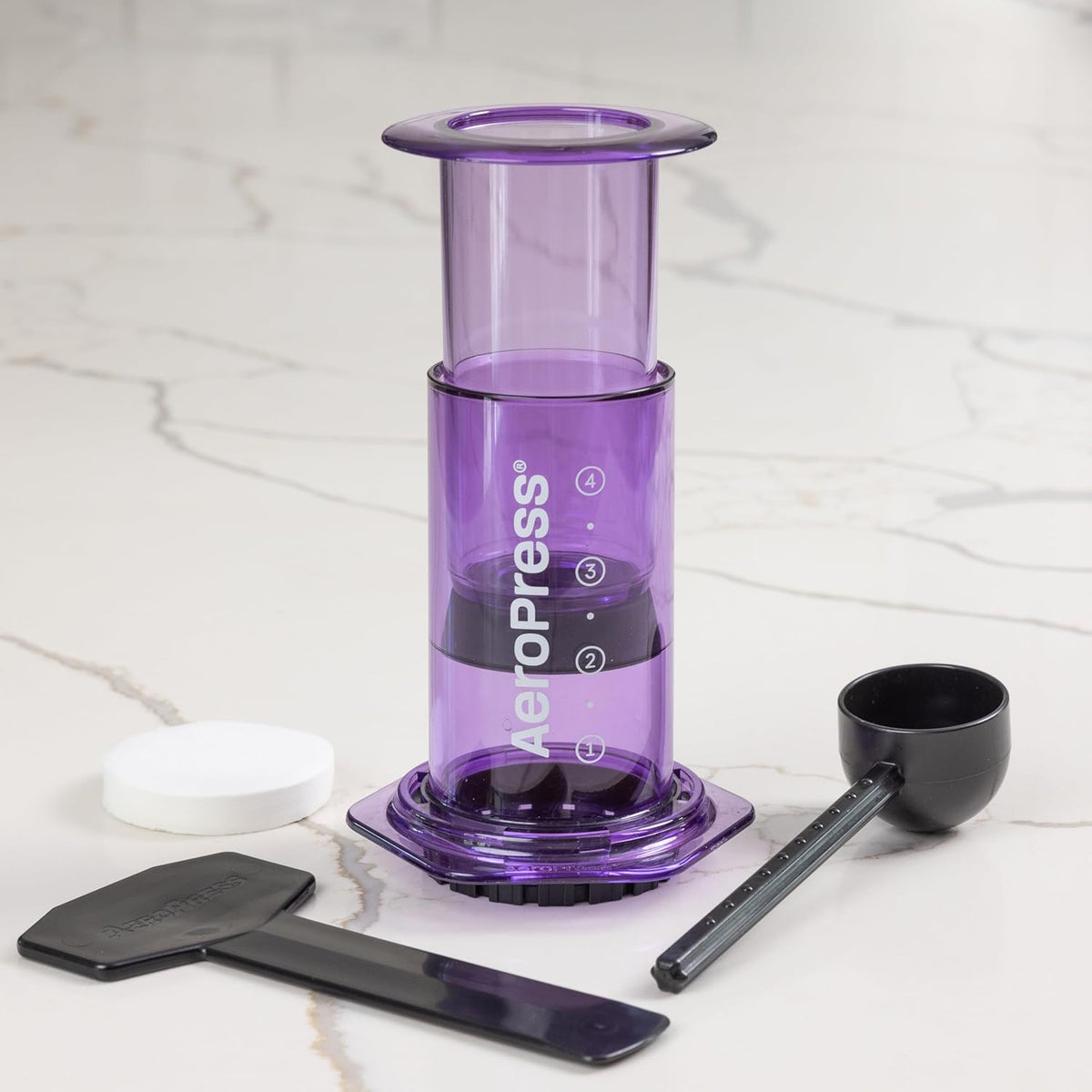AeroPress Clear Purple Coffee Press – 3 In 1 Brew Method Combines French Press, Espresso, Full Bodied Coffee Without Grit or Bitterness, Small Portable Coffee Maker for Camping & Travel, Purple