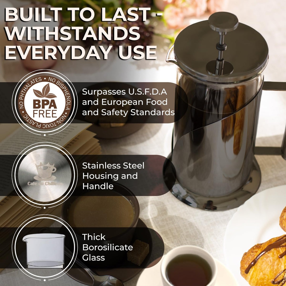 Cafe Du Chateau Stainless Steel French Press Coffee Maker - 34oz Insulated Coffee Press with 4-Level Filtration, BPA Free, Durable Glass, Great for Tea