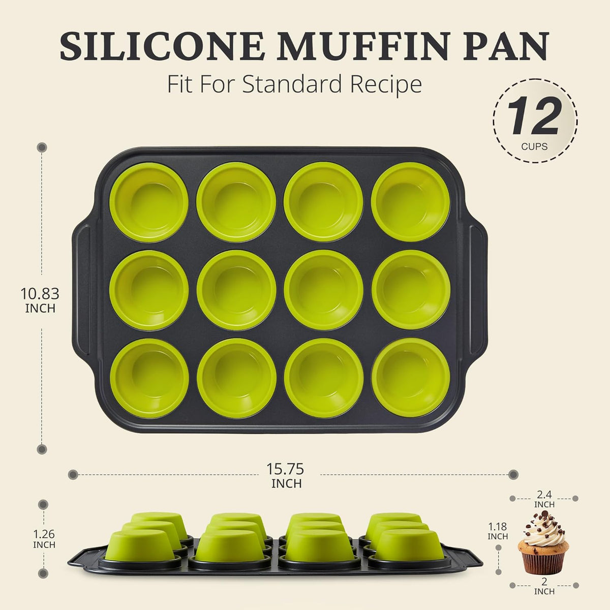 BRONYPRO Silicone Muffin Pans for Baking with Metal Frame, Egg Bite Maker Silicone Molds, Cupcake Pans 12 Regular Size, Muffin Tins Easy to Pop Nonstick Non Toxic Bakeware for Oven, Lime Green