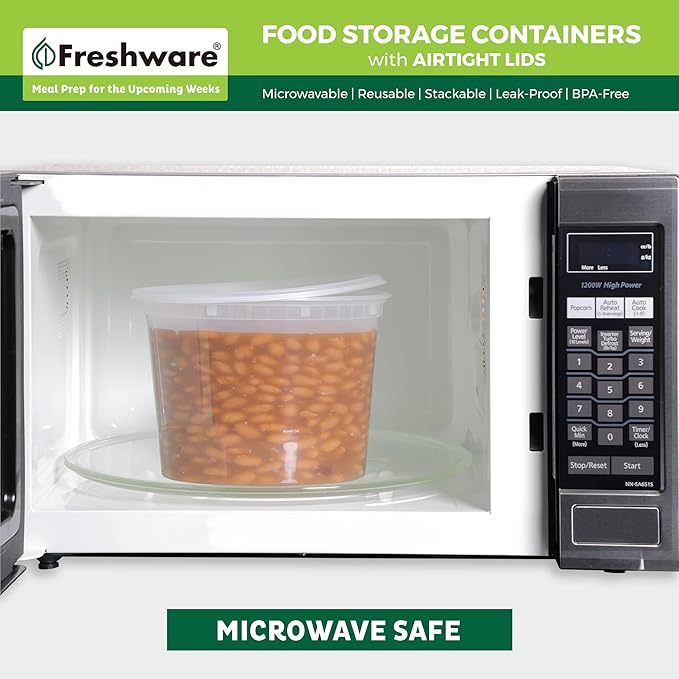 Freshware [12 Pack, 64 oz] 1/2 Gallon Plastic Deli Food Storage Soup Containers With Airtight Lids, Slime Containers, Freezer Safe | Meal Prep | Stackable | Leakproof | BPA Free, Clear
