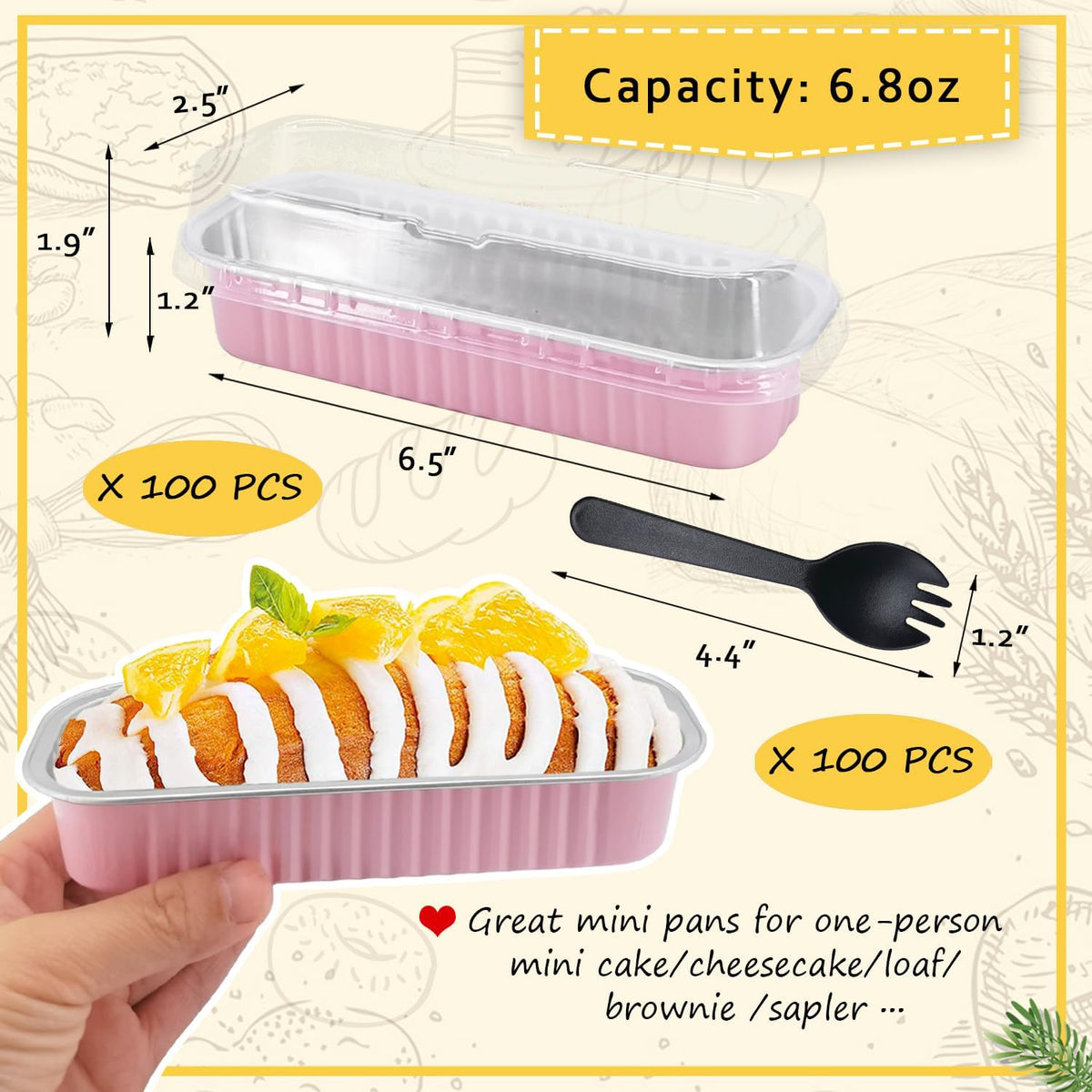 LNYZQUS 6.8oz Mini Loaf Pans with Lids 100 Pack, Rectangle Aluminum Pans Mini Cake Tins,Disposable Baking Pan Small Cake Containers for Brownie Bread Cheesecake-Pink