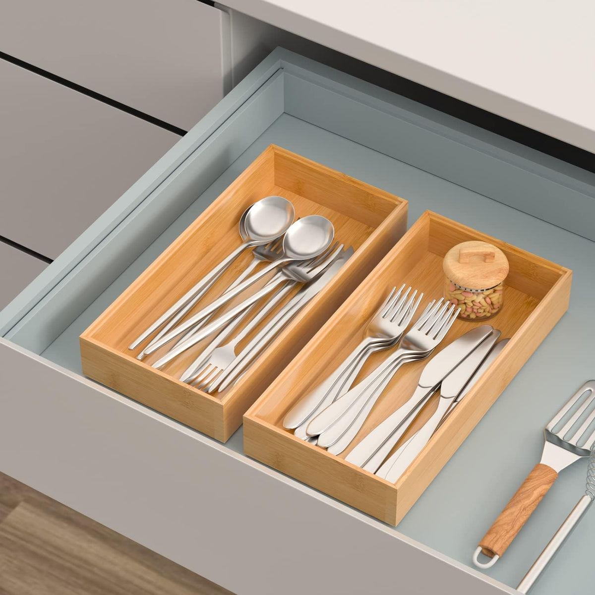 Silverware Tray for Drawer, Stackable Kitchen Bamboo Drawer Organizer 12" x 6" x 2" Set of 2