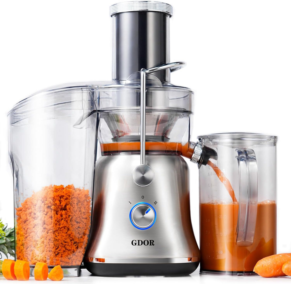 GDOR 1300W Powerful Juicer with Larger 3.4" Feed Chute, Titanium Enhanced Cutting System, Centrifugal Juice Extractor Maker with Heavy Duty Full Copper Motor, Dual Speeds, BPA-Free, Silver
