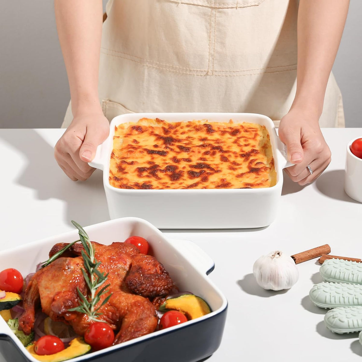 Sweejar Ceramic Baking Dish, 8 x 8 Cake Baking Pan for Brownie, Porcelain Square Bakeware with Double Handle for Casserole, Lasagna, Family Dinner (White)