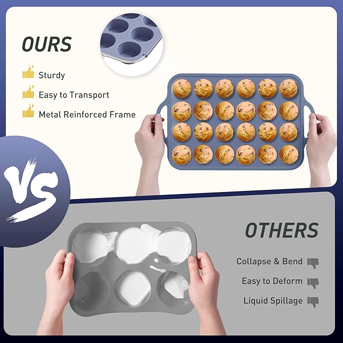 24 Cups Silicone Muffin Pan with Metal Reinforced Frame Mini Size Cupcake Tray Egg Mold Kitchen Stuff Accessories New Home Essential First Department Must Haves Gadget Thing Housewarming Hostess Gift