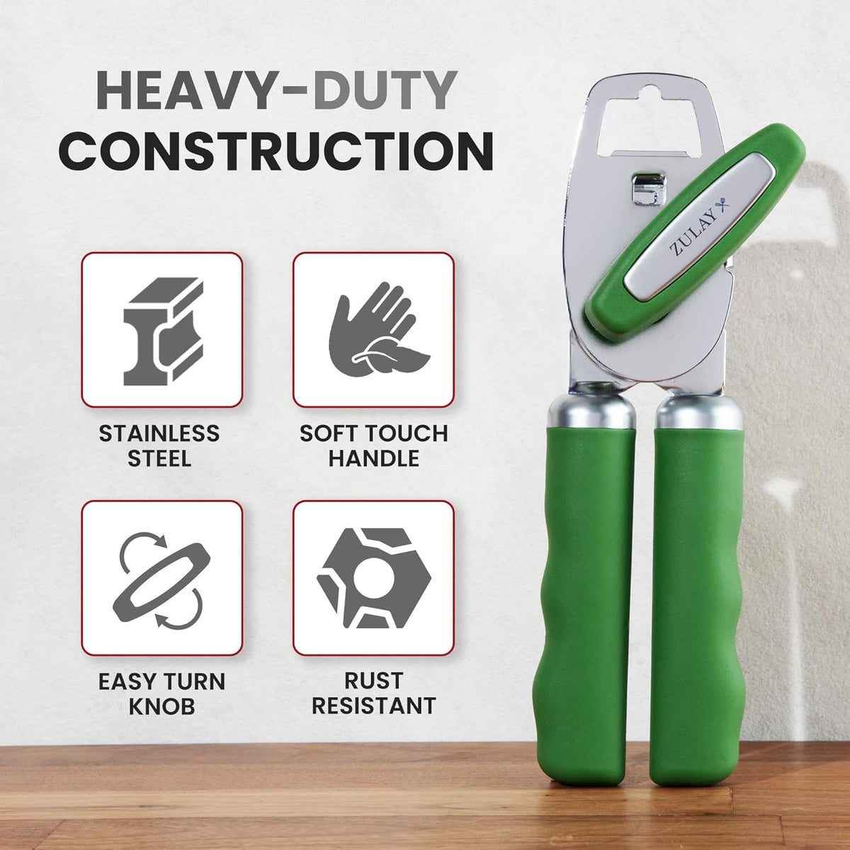 Zulay Kitchen Heavy Duty Stainless Steel Can Opener Manual with Bottle Opener - Rust Proof Manual Can Opener With Turn Knob & Comfy Soft Grip Handles - Artichoke Green