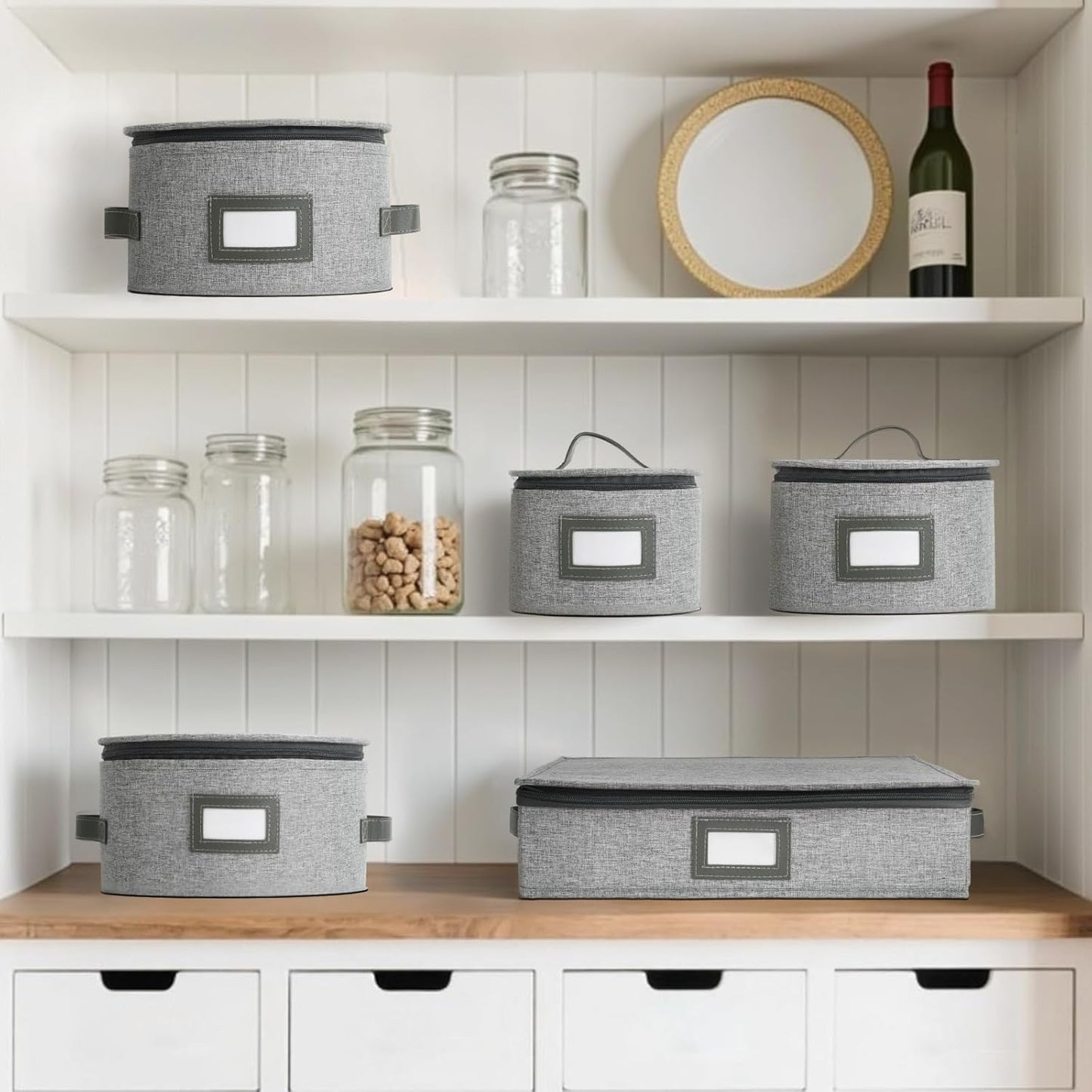 HOMELUX THEORY Coffee Mug Storage with Dividers, Light Gray Hard Shell China Storage Containers, Kitchen Storage Bins With Lids, Heavy Duty Moving Box for Packing Glassware, Stemware & Glassware