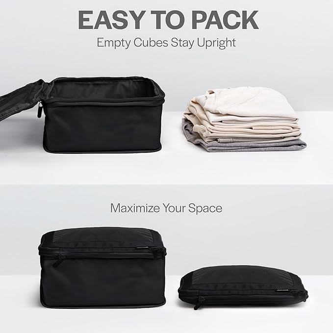 Aerotrunk Compression Packing Cubes for Travel - Luggage Organizer Bags - Double Zipper Packing Cubes for Suitcases (6-Pack, Black)