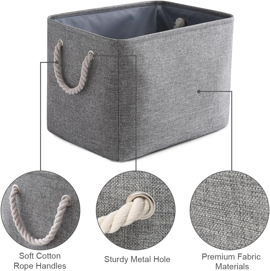 Storage Basket for Shelves - 17X15X12 inch 2 Pack Collapsible Storage Bin with Rope, Canvas Fabric Storage Cubes for Cloth Decorative Books Nursery (Grey)
